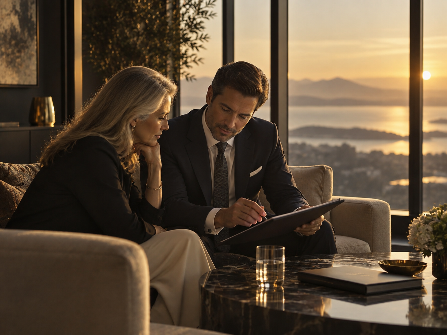 An advisor reviewing a client portfolio at sunset